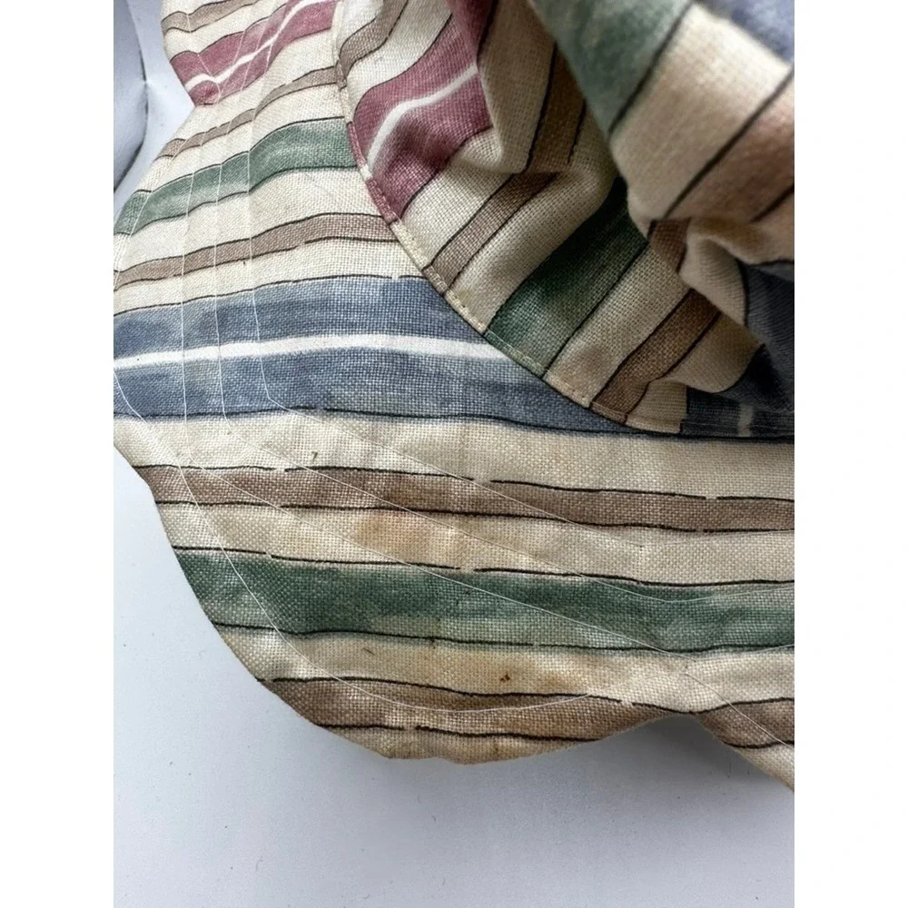 Vintage Scalloped Brim Bucket Hat Multi Color Striped Canvas Sun Hat Earth Tones